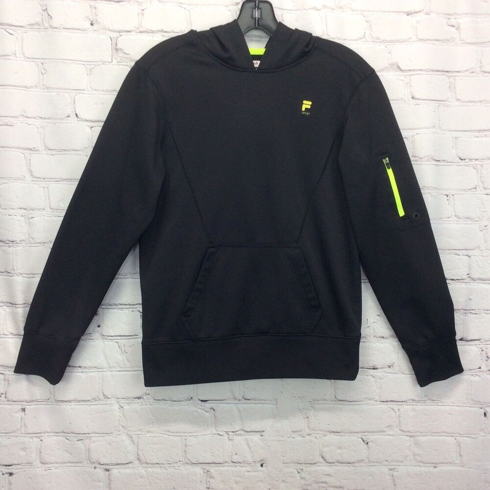 Fila Hoodie Boys Size L (14/16) Black Lime Green Long Sleeve Pullover Pockets